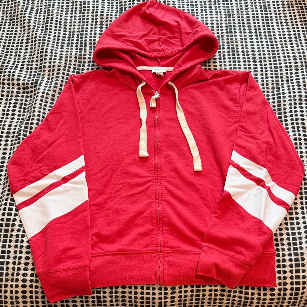 Red Zip-Up Hoodie with White Sleeve Stripes